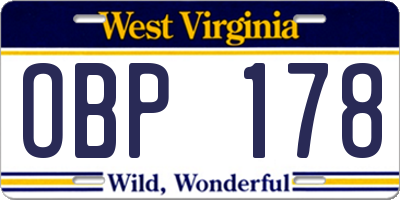 WV license plate OBP178