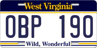 WV license plate OBP190
