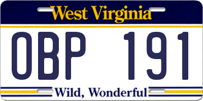WV license plate OBP191