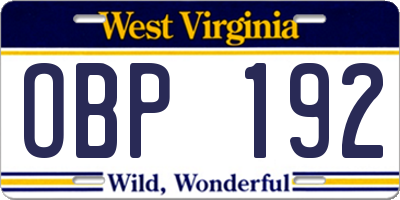 WV license plate OBP192