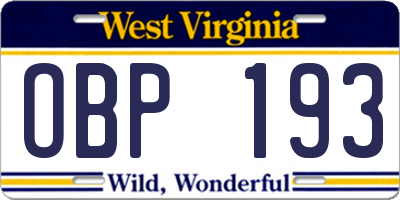 WV license plate OBP193