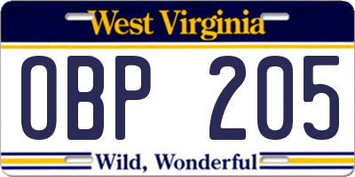 WV license plate OBP205