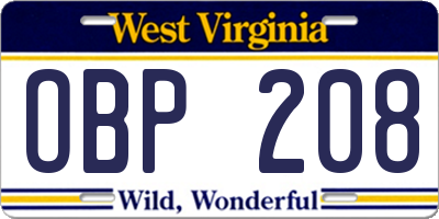 WV license plate OBP208