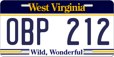 WV license plate OBP212
