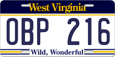 WV license plate OBP216