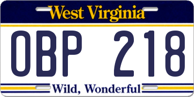 WV license plate OBP218