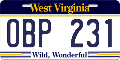 WV license plate OBP231