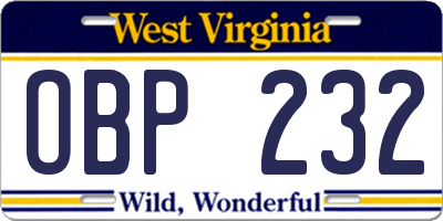 WV license plate OBP232