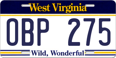 WV license plate OBP275