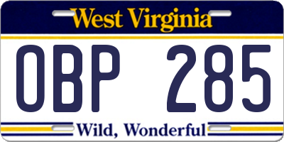 WV license plate OBP285