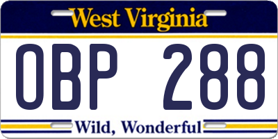 WV license plate OBP288