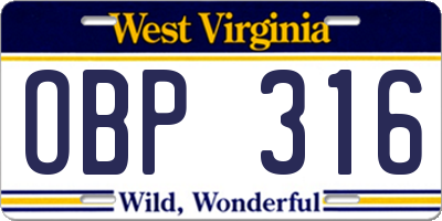 WV license plate OBP316