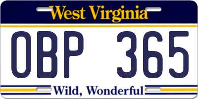 WV license plate OBP365