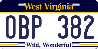 WV license plate OBP382