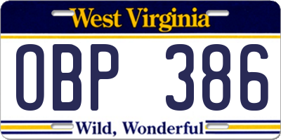 WV license plate OBP386