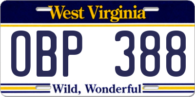 WV license plate OBP388
