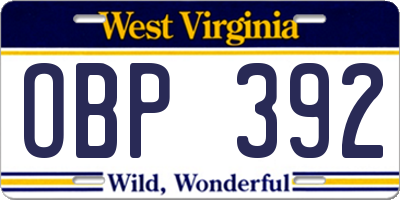 WV license plate OBP392