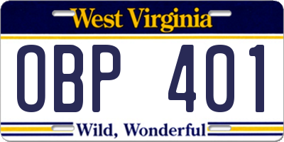 WV license plate OBP401