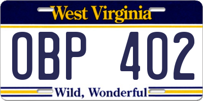 WV license plate OBP402