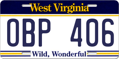 WV license plate OBP406