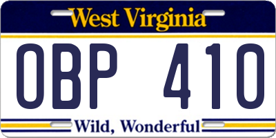 WV license plate OBP410