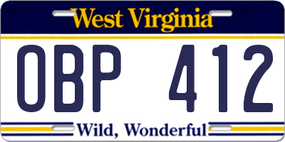 WV license plate OBP412