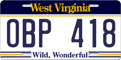 WV license plate OBP418