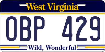 WV license plate OBP429