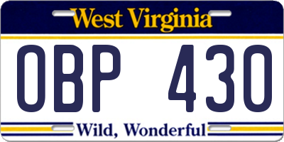 WV license plate OBP430