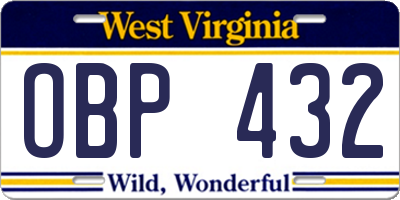 WV license plate OBP432