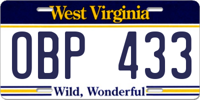 WV license plate OBP433