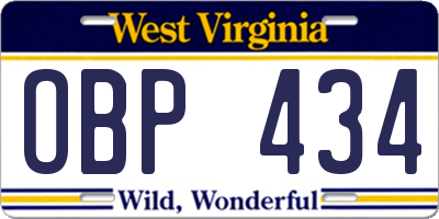 WV license plate OBP434