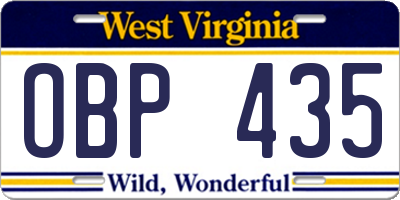 WV license plate OBP435