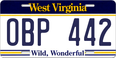 WV license plate OBP442