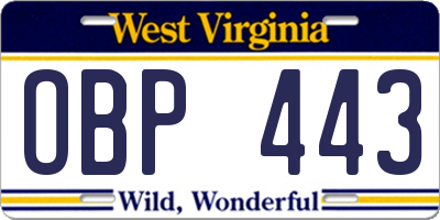 WV license plate OBP443