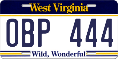 WV license plate OBP444