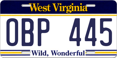WV license plate OBP445