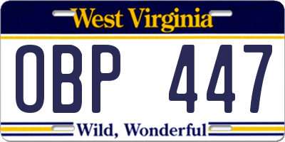 WV license plate OBP447