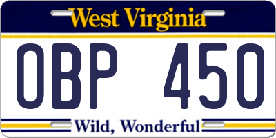WV license plate OBP450