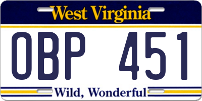 WV license plate OBP451