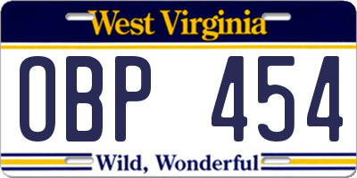 WV license plate OBP454