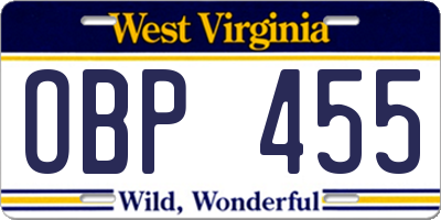 WV license plate OBP455