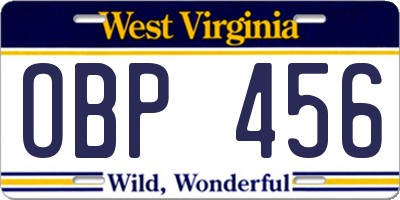 WV license plate OBP456