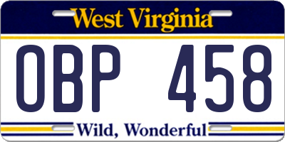 WV license plate OBP458