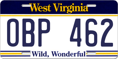 WV license plate OBP462
