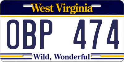 WV license plate OBP474