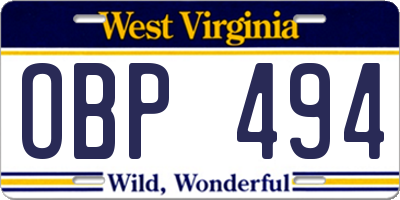 WV license plate OBP494