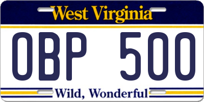 WV license plate OBP500
