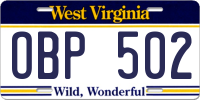WV license plate OBP502
