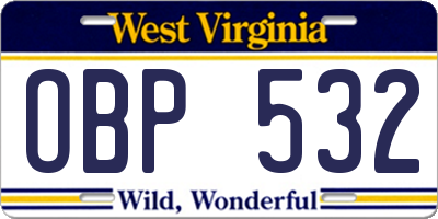 WV license plate OBP532